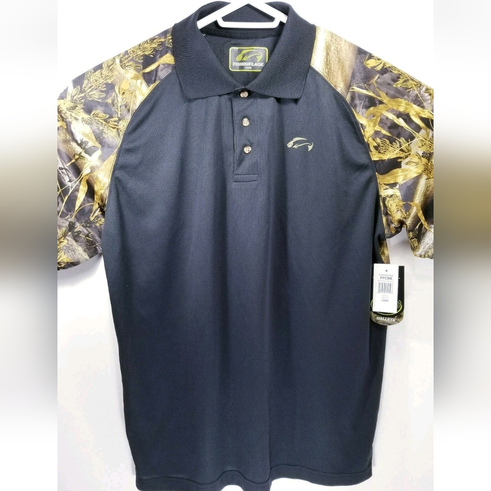 NWT Fishouflage Walleye Camo Mens Large Polo Fishing Shirt Black Camo